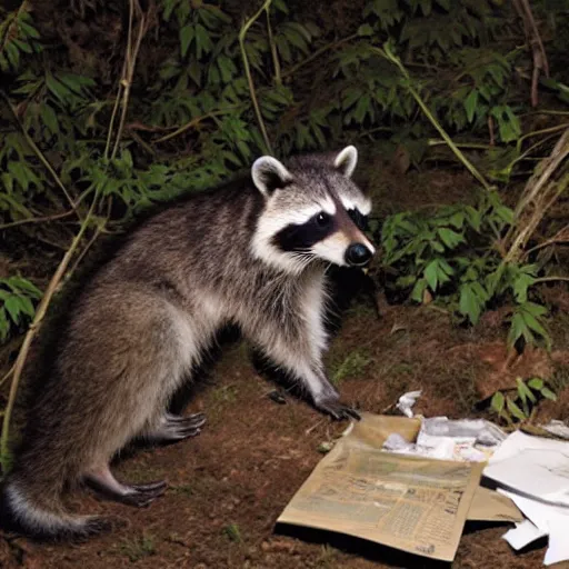 Prompt: green - tinted night vision footage of a family of raccoon digging through a gigantic mound of trash and papers and junk