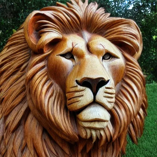 Image similar to lion made out of wood, detailed, realistic,