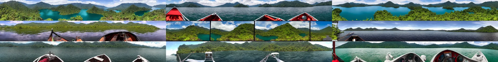 Prompt: wide angle view, 3d stereoscopic equirectangular 360 on a small boat at lake Batur, fov 90 degrees, horizon centered, yaw 0 degrees