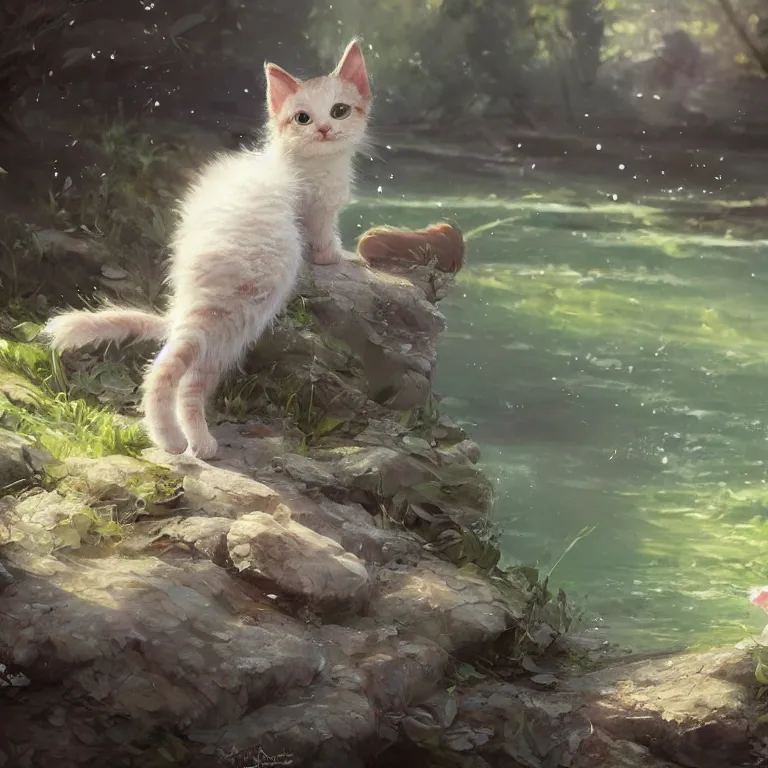 Image similar to a painting of a cute kitten at a river. character design by cory loftis, fenghua zhong, ryohei hase, ismail inceoglu and ruan jia. volumetric light, detailed, rendered in octane