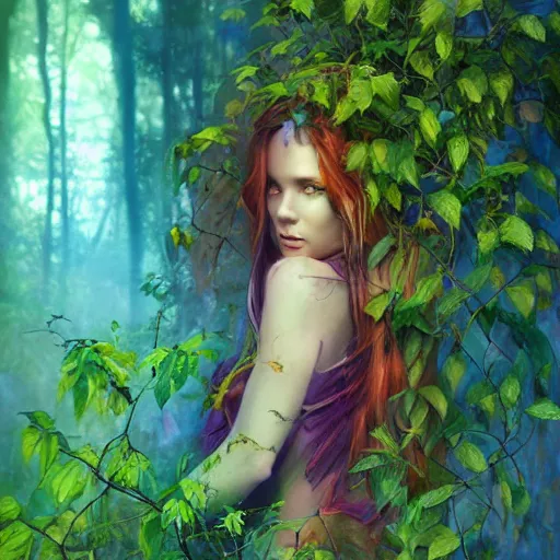 Prompt: a beautiful vibrant mixed pastels and watercolors painting 3 d of a pretty female druid slightly covered by vines in a lush overgrowing forest under bright godrays at sunset, lomo effect, cgsociety # conceptart cg, # oc, by vanessa lemen by charlie bowater by jeff easley