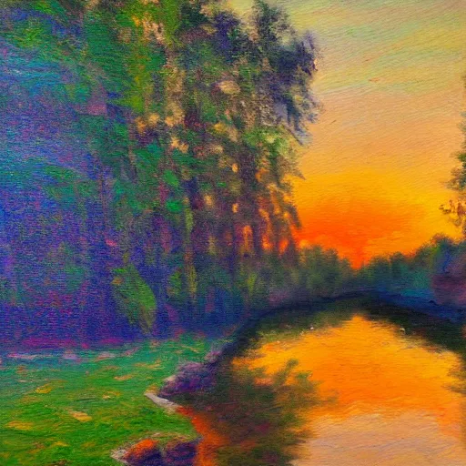 Image similar to a detailed impressionist painting of a winding river during sunrise, matte painting, oils on canvas