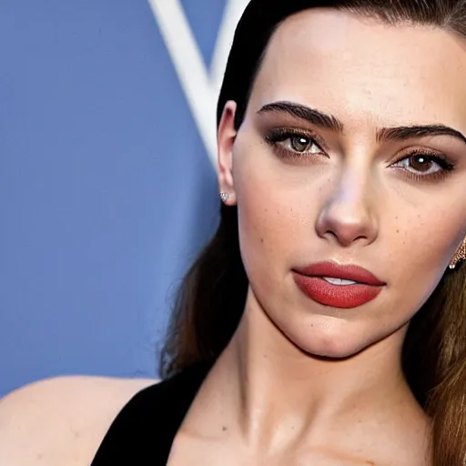 Image similar to a woman who is a genetic combination of kim kardashian and kat dennings and scarlett johansson and margot robbie and emma watson, face and upper - body focus