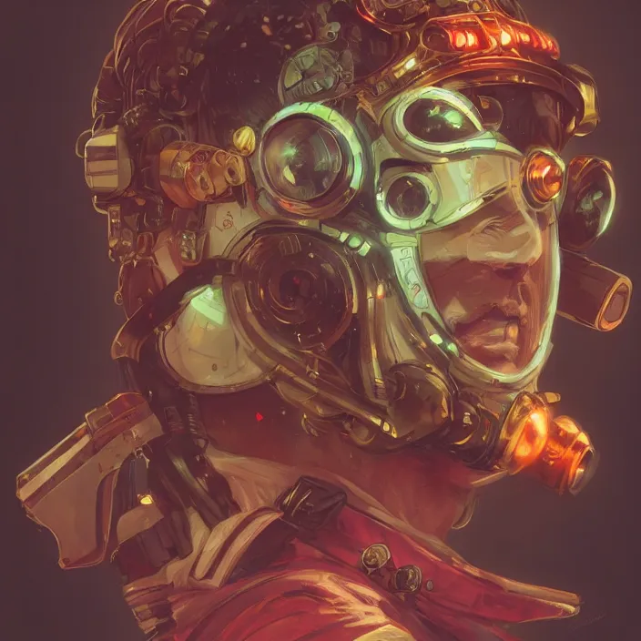 Prompt: a head and shoulders portrait of a space pirate, neon, retro, steampunk, smooth, sharp focus, intricate, artstation, detailed concept art by Rutkowski and Mucha and sky sewa and Marc Simonetti