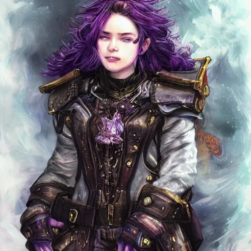 Prompt: portrait of a female halfling sorcerer by ayami kojima, she is about 2 0 years old, purple hair, leadership vibes, she is wearing a modern tactical gear, scifi, highly detailed portrait, digital painting, artstation, concept art, smooth, sharp foccus ilustration, artstation hq