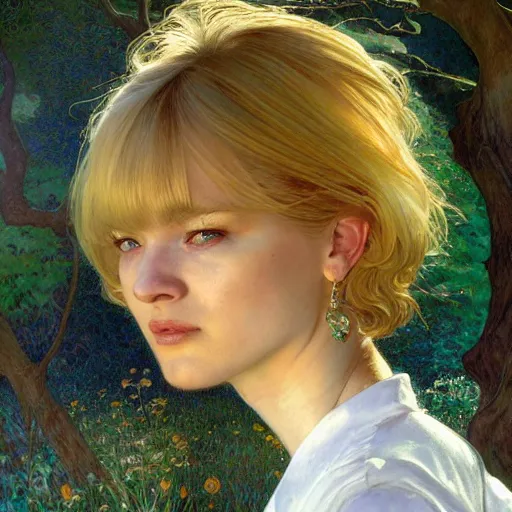 Image similar to A woman with blonde long hair and short bangs haircut in shorts and white shirt drawn by Donato Giancola and Jon Foster, frank frazetta, alphonse mucha, background by James Jean and gustav klimt, 4k, volumetric lighting, french nouveau, trending on artstation, octane render, hyperrealistic