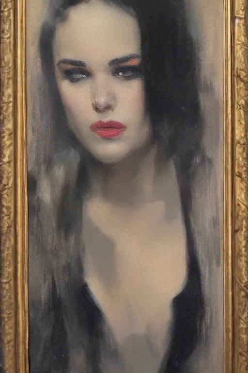 Image similar to Richard Schmid and Jeremy Lipking full length portrait painting of film noir femme fatale