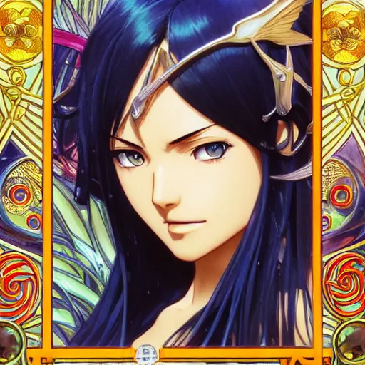 Image similar to highly detailed vfx portrait of nico robin by eiichiro oda, makoto shinkai, alphonse mucha, sharp focus, art by artgerm and greg rutkowski!, backlit, harsh overhead sunlight, blue eyes, stanley kybric, takeshi obata, kaoru mori, pixiv, fanbox,