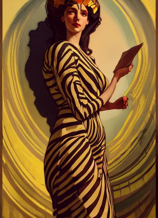 Image similar to leyendecker, brom, tiger striped high necked gown, lovely queen, portrait, long hair, small crown, feral languid woman, by greg rutkowski, anato finnstark, alphonse mucha, global illumination, radiant light