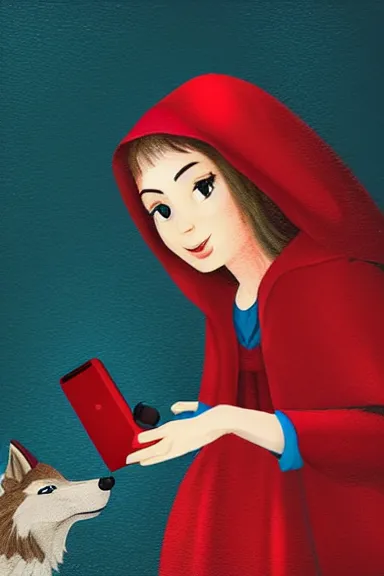 Image similar to “ very photorealistic photo of the real little red riding hood and the wolf taking a selfie, award - winning details ”