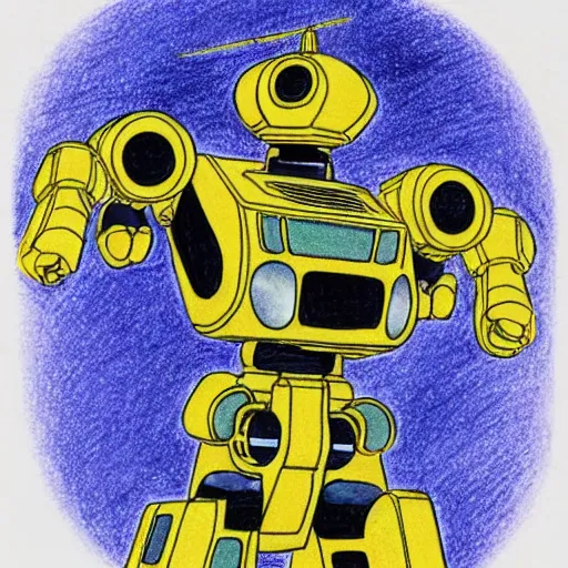 Image similar to an intricate color pencil drawing of a giant anime robot with rounded and circular parts