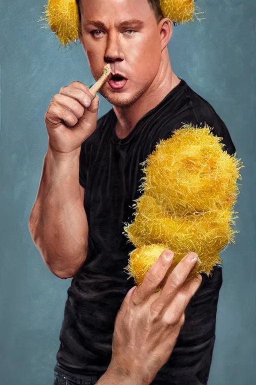 Image similar to channing tatum in a tater tot costume, oil on canvas, intricate, portrait, 8 k highly professionally detailed, hdr, cgsociety