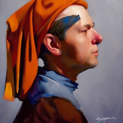 Image similar to greg manchess portrait painting of the boy with the pearl earring with the face of elon musk, medium shot, asymmetrical, profile picture, organic painting, sunny day, matte painting, bold shapes, hard edges, street art, trending on artstation, by huang guangjian and gil elvgren and gerald brom