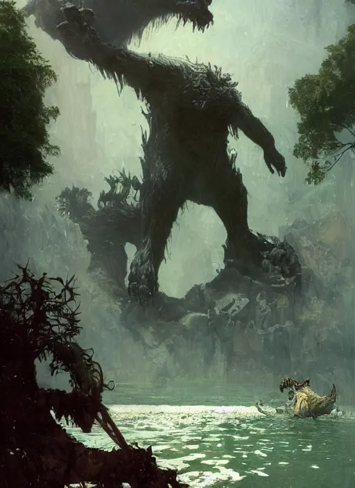 Image similar to huge towering brute beast demonic monster emerging from lake on sunny day, splashing, partially submerged, water cascading, by sergey kolesov and lawrence alma tadema and norman rockwell and greg staples and craig mullins and john berkey and ruan jia, artstation creature art