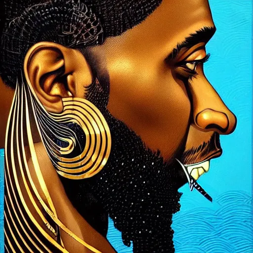 Image similar to side profile of a black man :: in ocean intricate details :: gold :: dark and horror :: by vikings and Sandra Chevrier