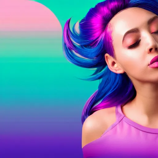 Image similar to a award winning half body portrait of a beautiful woman in a croptop with a ombre purple pink teal hairstyle with head in motion and hair flying, teal gradient background, outrun, vaporware, vivid colors, highly detailed, fine detail, intricate