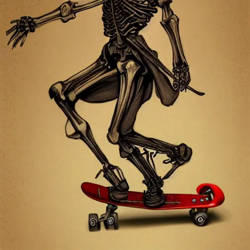 Image similar to a skeleton fashion model, riding a skateboard, full body pose, historical, intricate, highly detailed, dynamic lighting, digital art, digital painting, artstation, wlop, sharp focus, illustration, art by artgerm and greg rutkowski and alphonse mucha