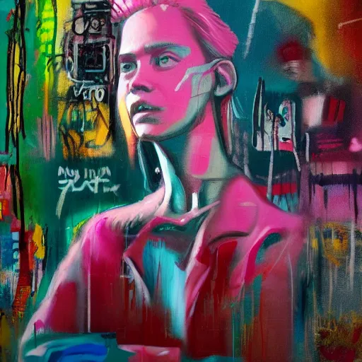 Image similar to amy in - house, rain like a dream, oil painting, cyberpunk, basquiat + francis bacon, elevated street art, fantasy lut, pink, blue, purple, green,