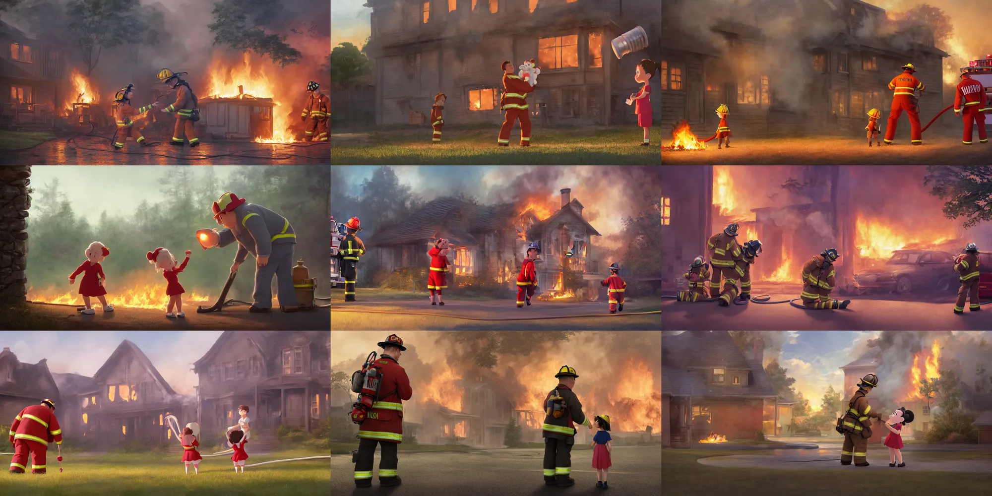 Prompt: animation key shot, firefighter giving a young girl a teddy bear to cheer her up as his team is putting out a house fire in the background, close up shot, studio Ghibli, Pixar and Disney animation, sharp, Rendered Unreal Engine 5, film key art, Greg Rutkowski, Bloom, dramatic lighting