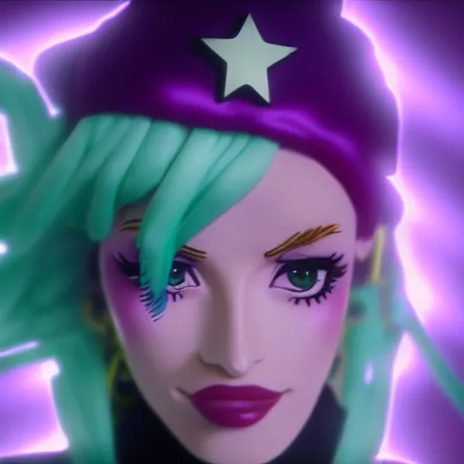 Prompt: cinematic scene with bella thorne as jolyne kujoh from jojo's bizzare adventure, dramatic, small details, volumetric lighting, still frame