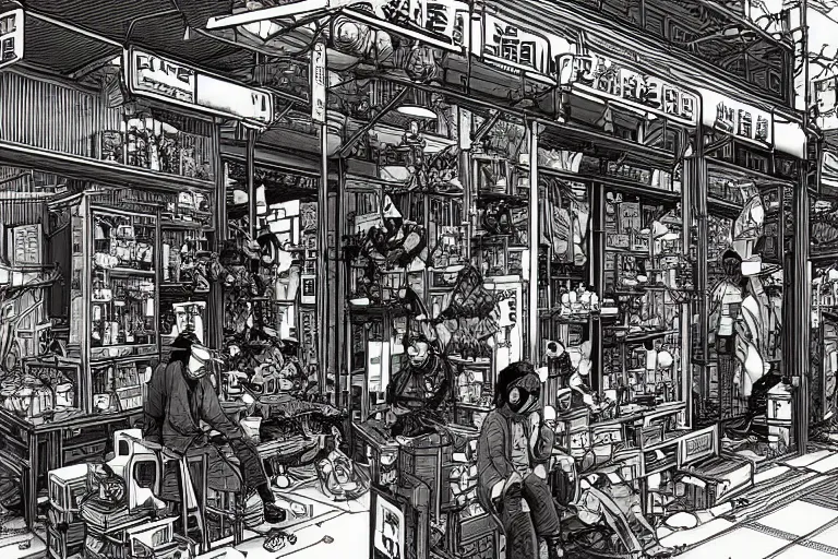 Image similar to cyberpunk japanese merchants in their shop, Industrial Scifi, detailed illustration, character design, intricate, by Martin Grip and Moebius