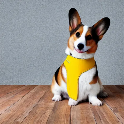 Image similar to a corgi looking at the camera, sitting on a yellow platform, wearing an elegant gucci leather vest, studio lighting, yellow background, 4K HD photography, 85mm