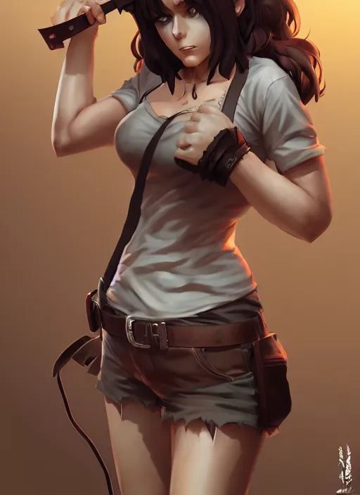 Image similar to leatherface, wide angle view, tan and black color scheme, highly detailed, artgerm, cushart krenz, king of fighters style, trending on artstation, soft light, sharp focus, illustration, character design, concept art