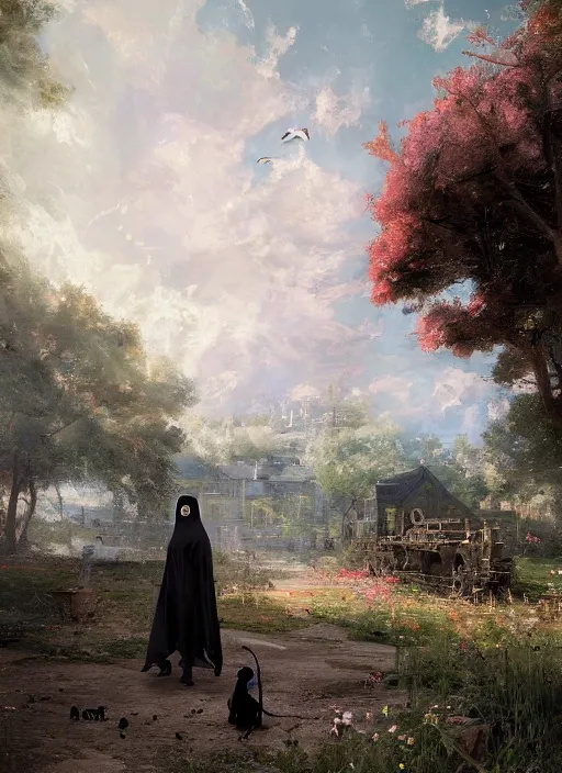 Image similar to grim reaper : : scythe and black rose : : kodachrome : : 2 d : : 3 d : : ray tracing global illumination : : insanely detailed and intricate, hypermaximalist, elegant, ornate, hyper realistic, super detailed : : by ismail inceoglu : : by john constable