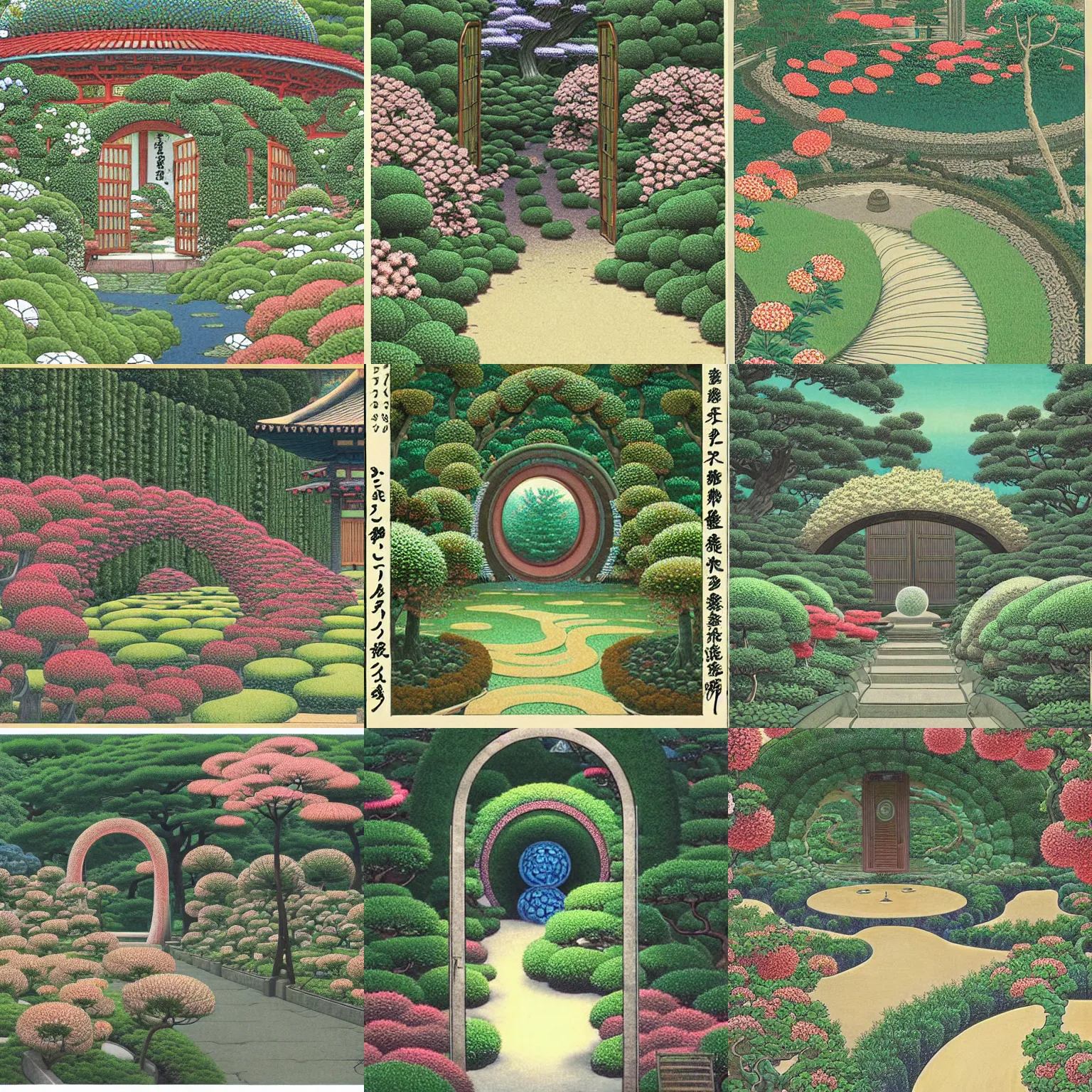 Prompt: a portal in a mysterious garden filled with spherical flowers and spiralling paths, artwork by Hasui Kawase, extremely detailed, trending on art station