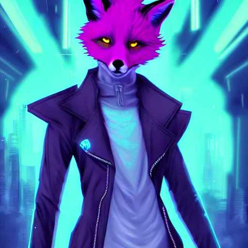 Prompt: beautiful furry digital art portrait commission of an androgynous furry anthro fox fursona wearing punk clothes in the streets of a cyberpunk city. neon signs. character design by charlie bowater, ross tran, artgerm, and makoto shinkai