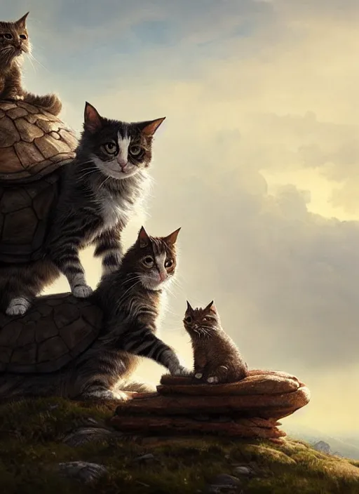 Image similar to Portrait of two scruffy haired cats on a tall mountain sitting on a turtle, realistic, detailed, 4k by Greg Rutkowski Mark Arian trending on artstation