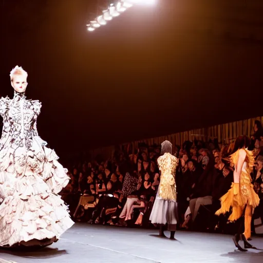 Image similar to fashion model walking down a catwalk, elaborate dress by alexander mcqueen, stage lighting, sigma 8 5 mm f 1 6, real