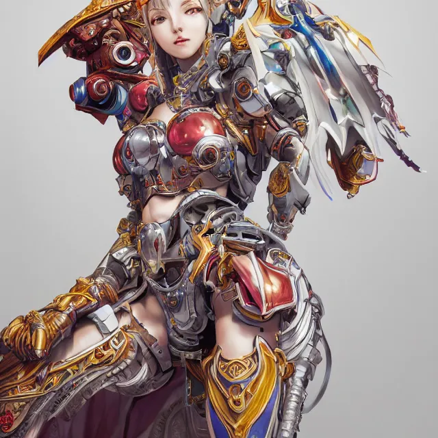 Image similar to studio portrait of lawful good colorful female holy mecha paladin absurdly beautiful, elegant, young thin bikini model, ultrafine hyperrealistic detailed face illustration by kim jung gi, irakli nadar, intricate linework, sharp focus, bright colors, matte, octopath traveler, final fantasy, unreal engine highly rendered, global illumination, radiant light, intricate environment