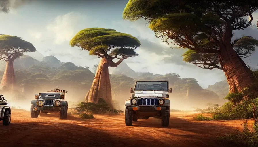 Image similar to mahindra thar driving through madagascar road with baobabs trees, animals running along, action scene, an epic fantasy, wide shot, artgerm, trending on artstation, masterpiece, by greg rutkowski, by ross tran, by fenghua zhong, octane, soft render, ultrarealistic, colorful, cinematic, horizon zero dawn