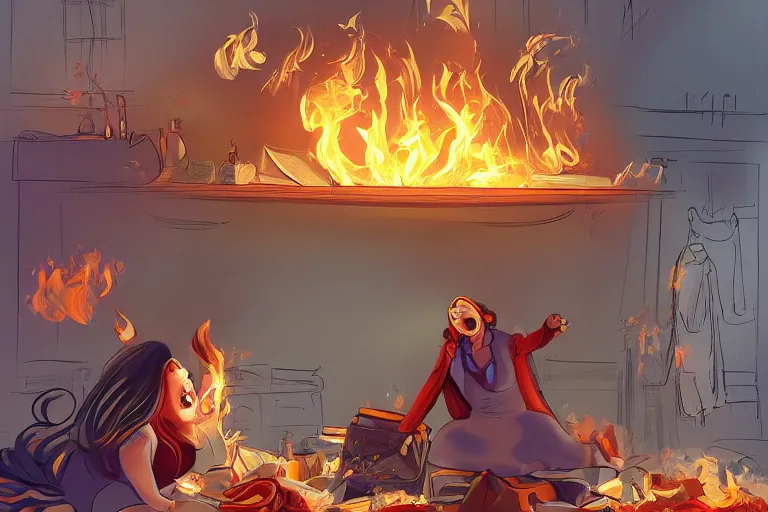 Image similar to a crazy opera singer hurries up to pack daughter's things in suitcase, surrounded with fire, clothes are flying around in room, digital art, trending on artstation