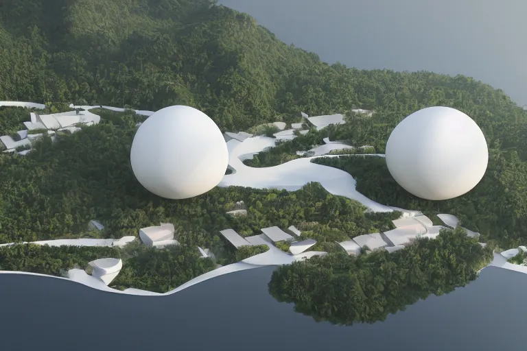 Image similar to the buildings of sejima and pierre cardin, which are formed by the intersection of many white egg shaped spherical spaces, are on the calm lake, human perspective, future, interior wood, marble, award winning, highly detailed 4 k art, dusk, unreal engine highly rendered, global illumination, radial light, internal environment by kazuyo sejima