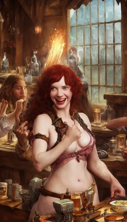 Prompt: young christina hendricks in a tavern, energetic, laughing, fit, warhammer, lord of the rings, sweaty, strong, intricate, highly detailed, digital painting, artstation, concept art, smooth, sharp focus, illustration, unreal engine 5, 8 k, art by artgerm and greg rutkowski and alphonse mucha