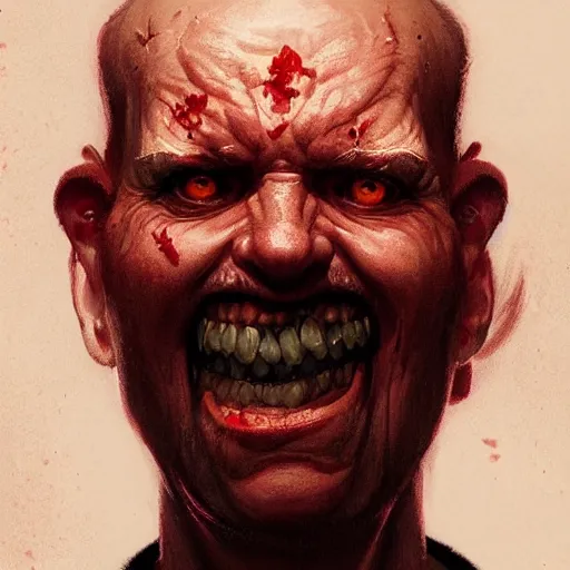 Image similar to portrait of a red bald man with black eyes and a black teeth, horror, glowing eyes, by Stanley Artgerm Lau , greg rutkowski, thomas kindkade, alphonse mucha, loish, norman rockwell. Trending on artstation detailed illustration hd 4k