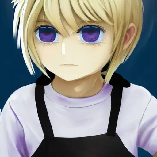 Image similar to little boy wearing nun outfit, blonde hair, light blue eyes. purple and black color palate, detailed soft painting, made in abyss art style, anatomically correct