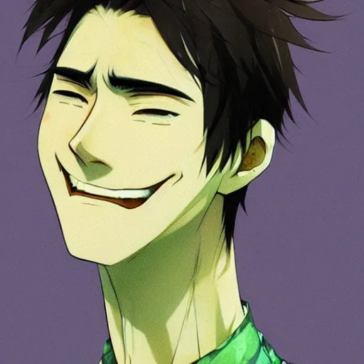 Prompt: An anime portrait of a smiling man with very short black hair, brown eyes with green speckles, stubble, wearing a shirt, medium shot, whole head, by Stanley Artgerm Lau, WLOP, Rossdraws, James Jean, Andrei Riabovitchev, Marc Simonetti, and Sakimi chan, trending on artstation