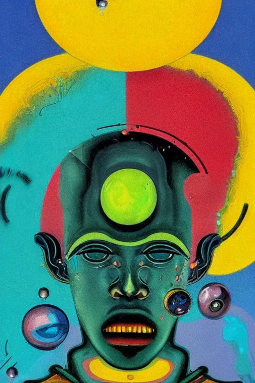 Prompt: 8 0 s art deco close up portait of mushroom head with big mouth surrounded by spheres, rain like a dream oil painting curvalinear clothing cinematic dramatic cyberpunk fluid lines otherworldly vaporwave interesting details epic composition by basquiat artgerm