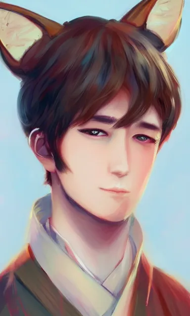 Image similar to A realistic anime portrait of a handsome young man with fox ears wearing a kimono, digital painting, by WLOP and Rossdraws, digtial painting, trending on ArtStation, deviantart