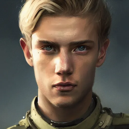 Prompt: Portrait of a man by Greg Rutkowski, he is about 20 years old, norwegian, short blond hair, young, manly, attractive, strong, older brother vibes, he is wearing futuristic military fatigues, highly detailed portrait, scifi, digital painting, artstation, concept art, smooth, sharp foccus ilustration, Artstation HQ