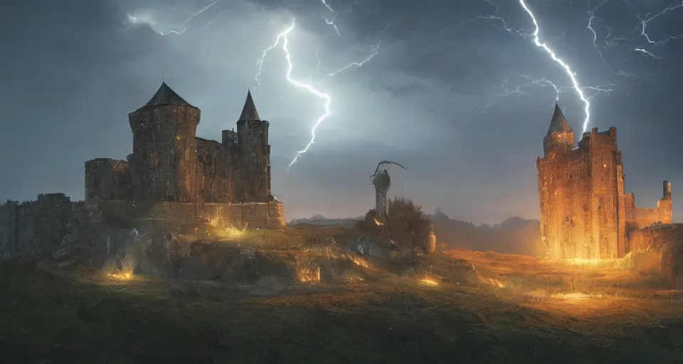 Image similar to Landscape with GIANT lightning bolt striking a medieval castle, center composition, cinematic, rendered by Beeple, Makoto Shinkai, environment concept, digital art, unreal engine, 3 point perspective, WLOP, trending on artstation, low level, 4K UHD image, octane render,