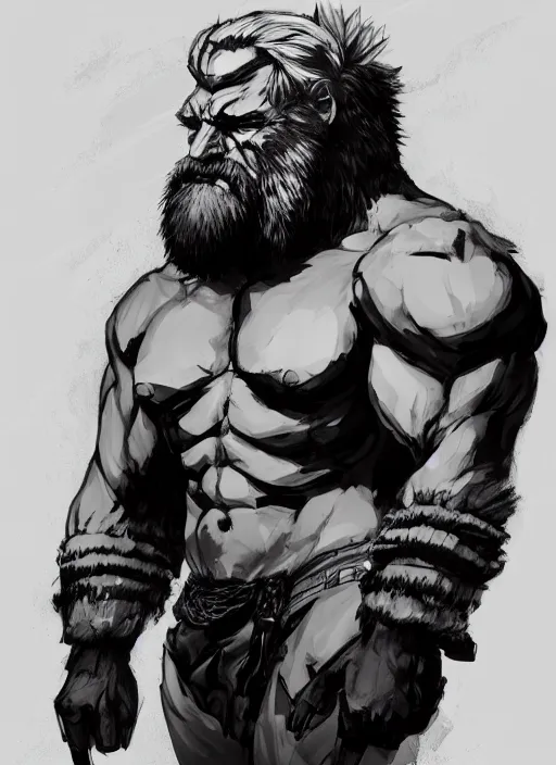 Image similar to Full body portrait of an old muscular man with blonde hair and beard wearing bear skin. In style of Yoji Shinkawa and Hyung-tae Kim, trending on ArtStation, dark fantasy, great composition, concept art, highly detailed.