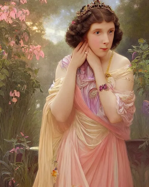 Image similar to a beautiful portrait painting of a shy, blushing princess in a tiara and an iridescent art nouveau gown resembling 1 4 - year old millie bobby brown watching the lantern festival, intricate, elegant, highly detailed, digital painting, artstation, concept art, by krenz cushart and artem demura and william adolph bouguereau and alphonse mucha