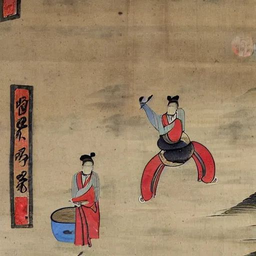 Image similar to ancient chinese watercolour of a man buying a hotdog from godzilla