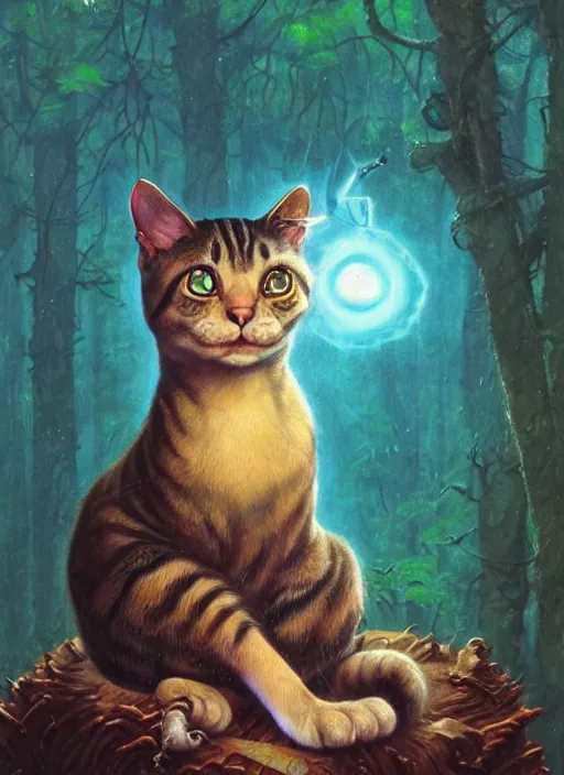 Image similar to a hyper realistic cat god with happy lighting and technology jewelry in the woods gorgeous lighting, sunbeams blue sky, lush forest foliage painting by chiara bautista and beksinski and norman rockwell and greg rutkowski weta studio, and lucasfilm