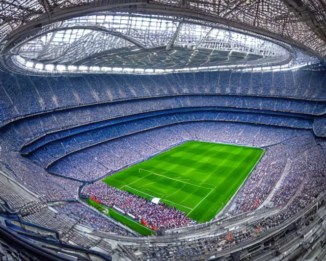 Image similar to 4 k hd, high resolution photograph of santiago bernabeu stadium from above, full colour, shot with sigma f / 4. 2, 2 5 0 mm sharp lens, wide shot, high level texture render