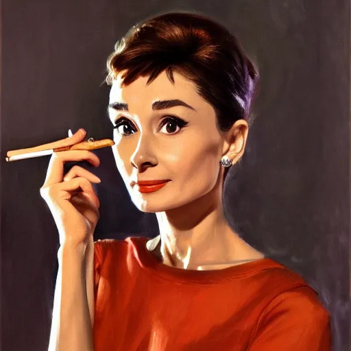 Image similar to closeup portrait of audrey hepburn smoking cigar in the film breakfast at tiffany's ( 1 9 6 1 ), evening, highly detailed, ultrarealistic oil painting, vladimir volegov, artstation